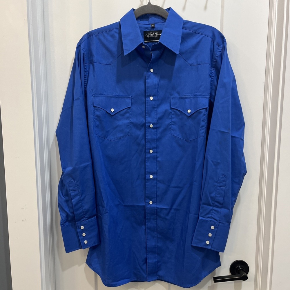 White Horse Mens Long Sleeve Western Pearl Snap Shirt Solid Blue Size Medium